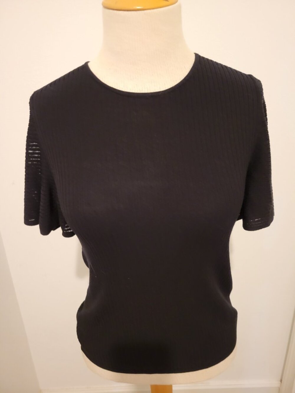 Ribbed jewel neck sweater with "fly-away" short sleeves